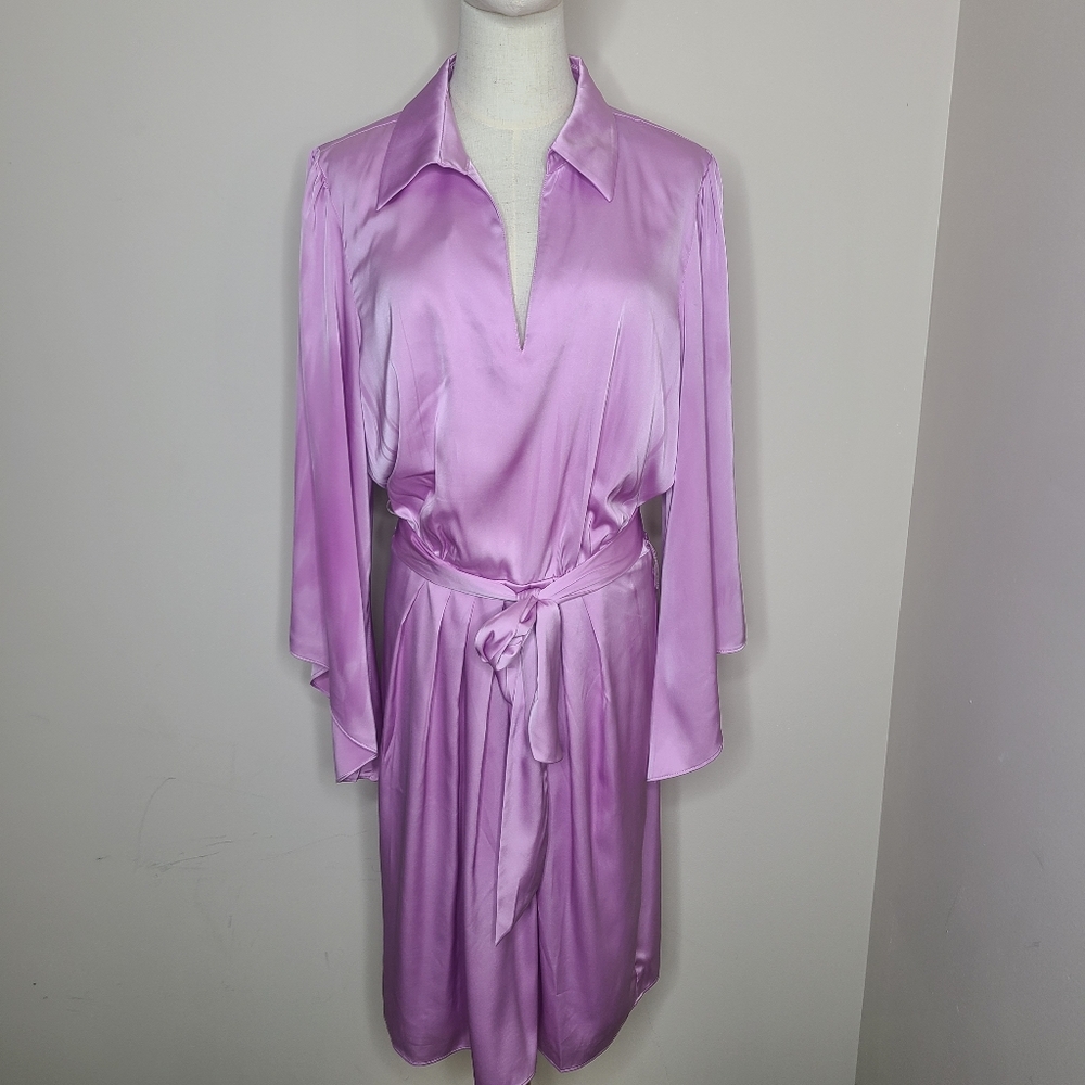 Boston Proper Flare Sleeve Collared Charmeuse‎ Dress Orchid Bouquet Size Large - Picture 6 of 12